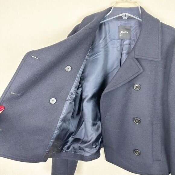 Theory Wool Navy Double Breasted Crop Trench Coat Jacket Size 16 - Picture 4 of 6
